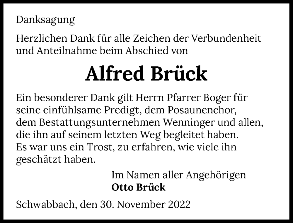  Traueranzeige für Alfred Brück vom 02.12.2022 aus GESAMT