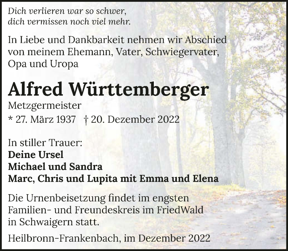  Traueranzeige für Alfred Württemberger vom 24.12.2022 aus GESAMT