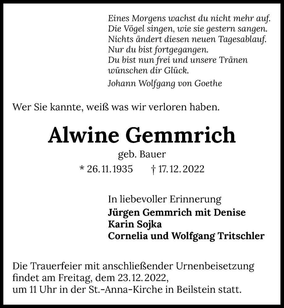  Traueranzeige für Alwine Gemmrich vom 21.12.2022 aus GESAMT