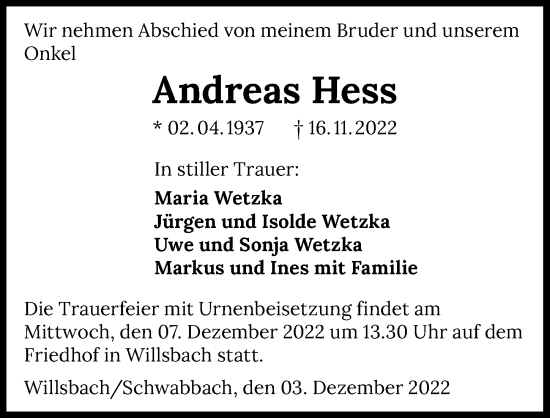 Traueranzeige von Andreas Hess von Heilbronner Stimme