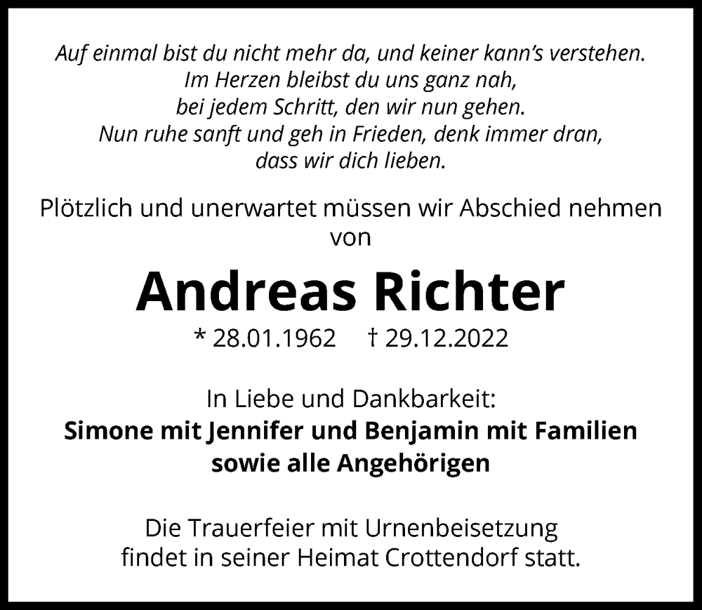  Traueranzeige für Andreas Richter vom 31.12.2022 aus GESAMT