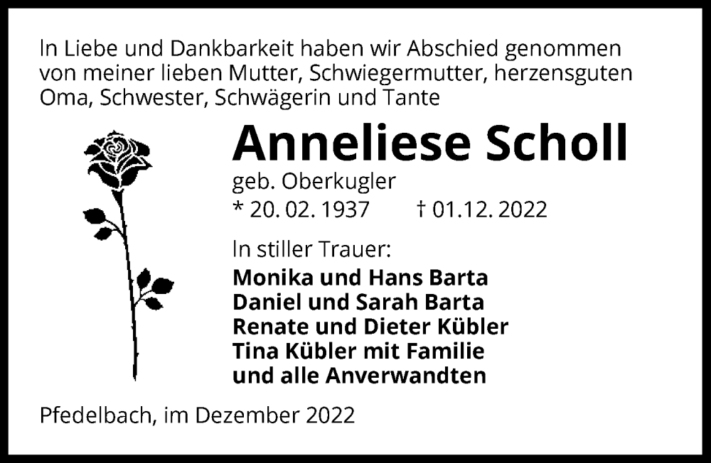  Traueranzeige für Anneliese Scholl vom 17.12.2022 aus GESAMT