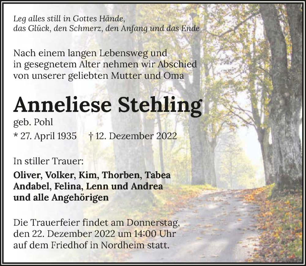  Traueranzeige für Anneliese Stehling vom 19.12.2022 aus GESAMT