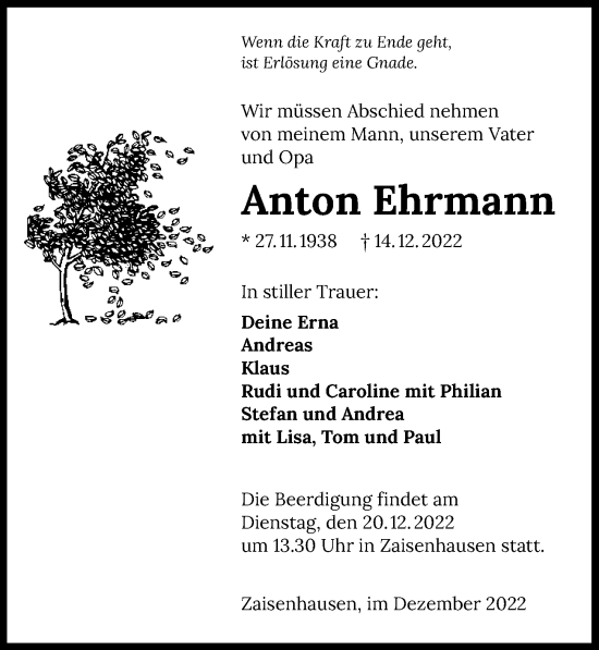 Traueranzeige von Anton Ehrmann von GESAMT