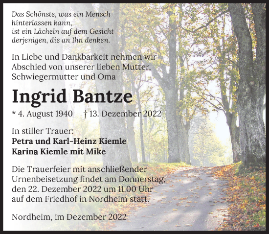 Traueranzeige von Ingrid Bantze von GESAMT