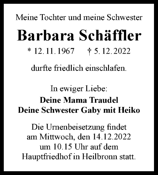 Traueranzeige von Barbara Schäffler von GESAMT