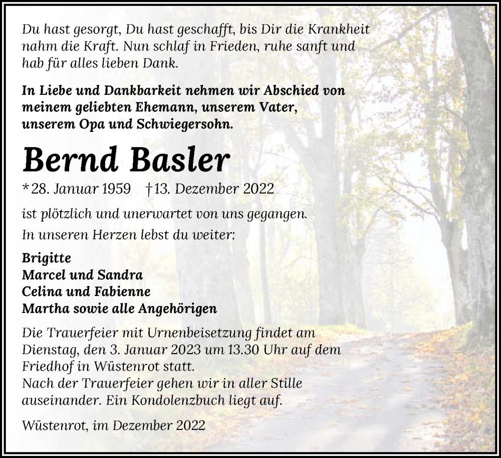  Traueranzeige für Bernd Basler vom 29.12.2022 aus GESAMT