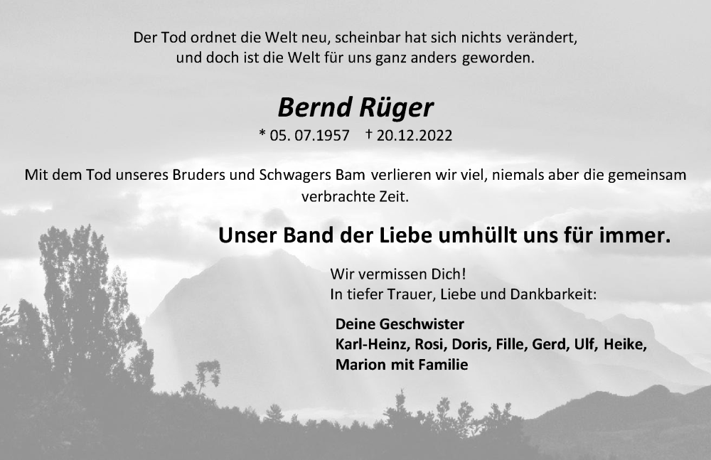  Traueranzeige für Bernd Rüger vom 24.12.2022 aus GESAMT