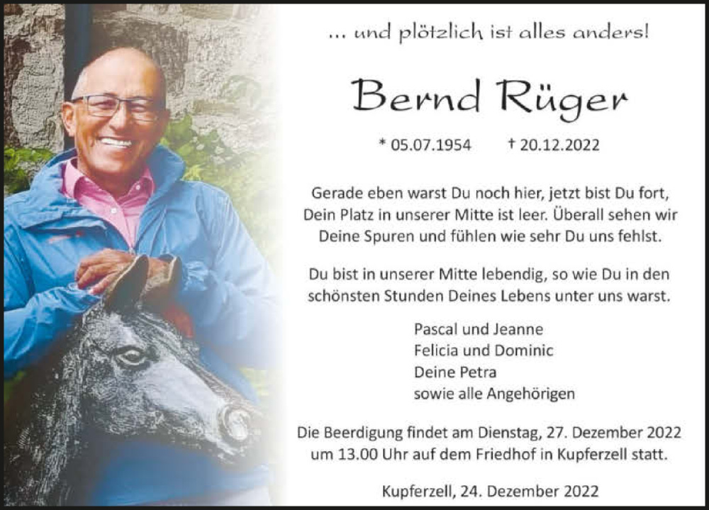  Traueranzeige für Bernd Rüger vom 24.12.2022 aus GESAMT