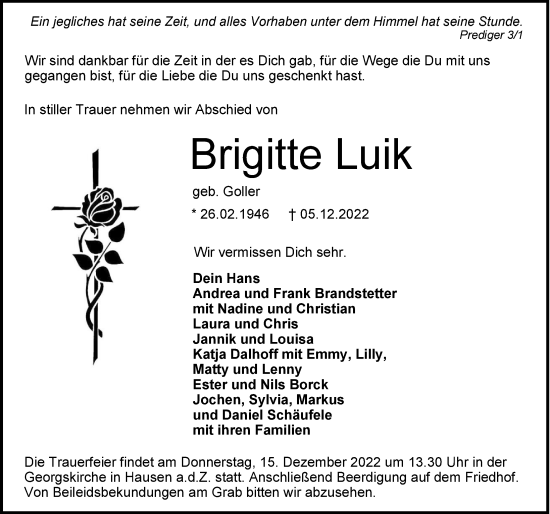 Traueranzeige von Brigitte Luik von GESAMT