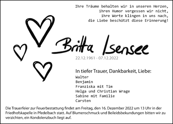 Traueranzeige von Britta Isensee von GESAMT