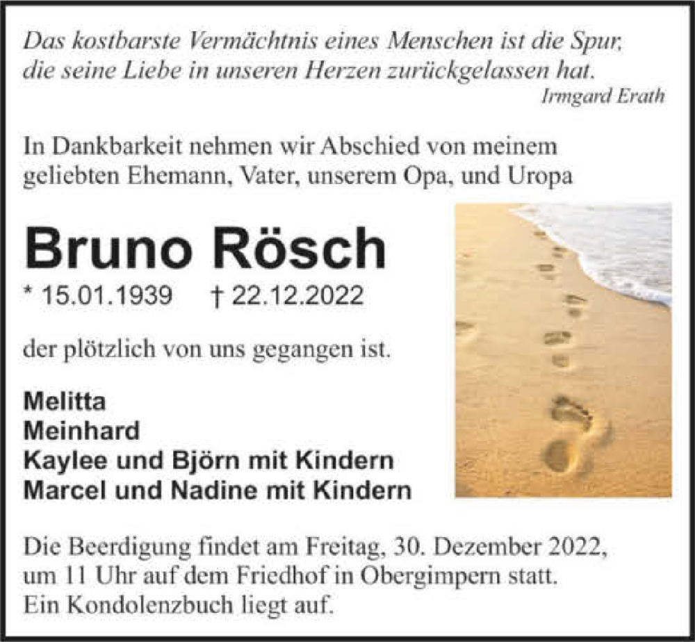  Traueranzeige für Bruno Rösch vom 28.12.2022 aus GESAMT
