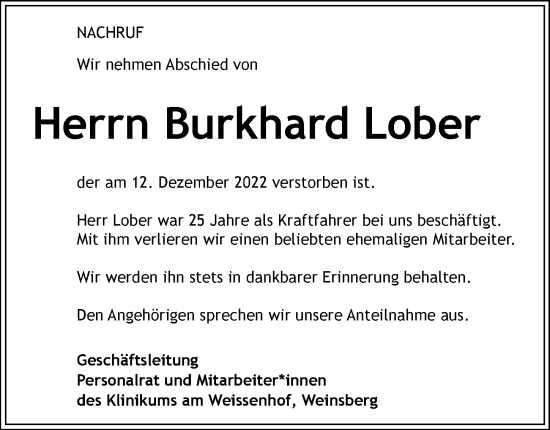 Traueranzeige von Burkhard Lober von GESAMT