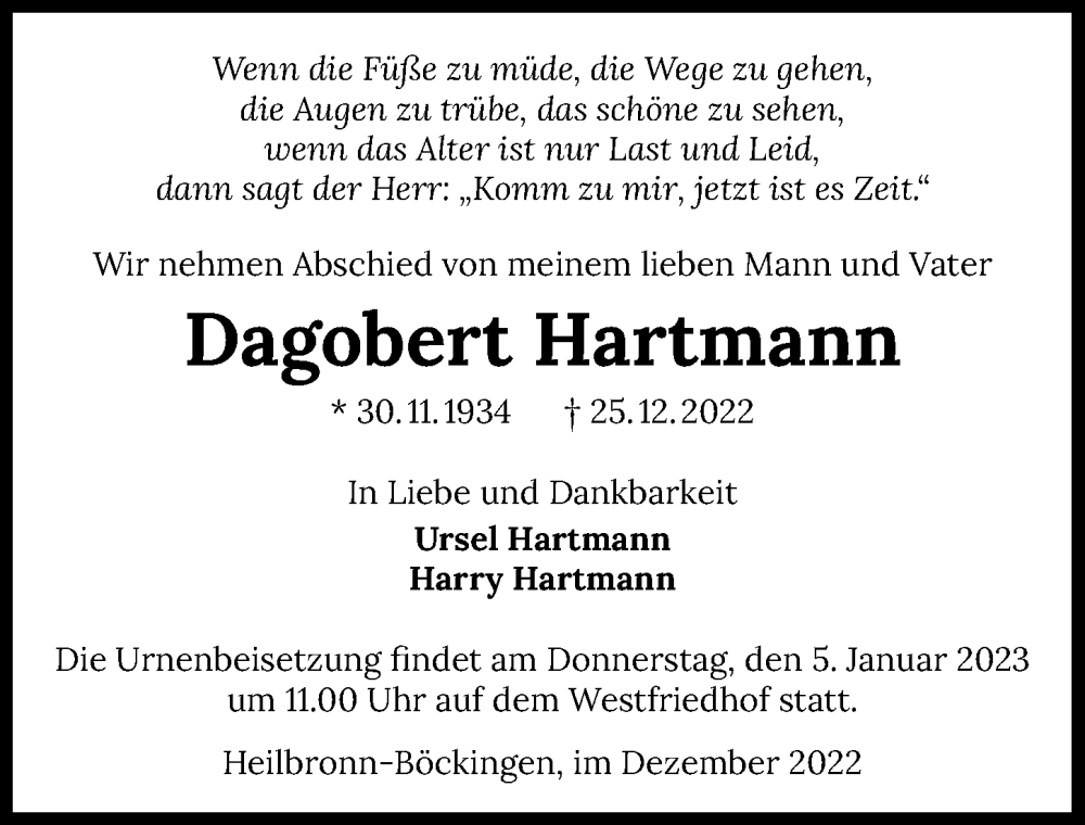  Traueranzeige für Dagobert Hartmann vom 31.12.2022 aus GESAMT