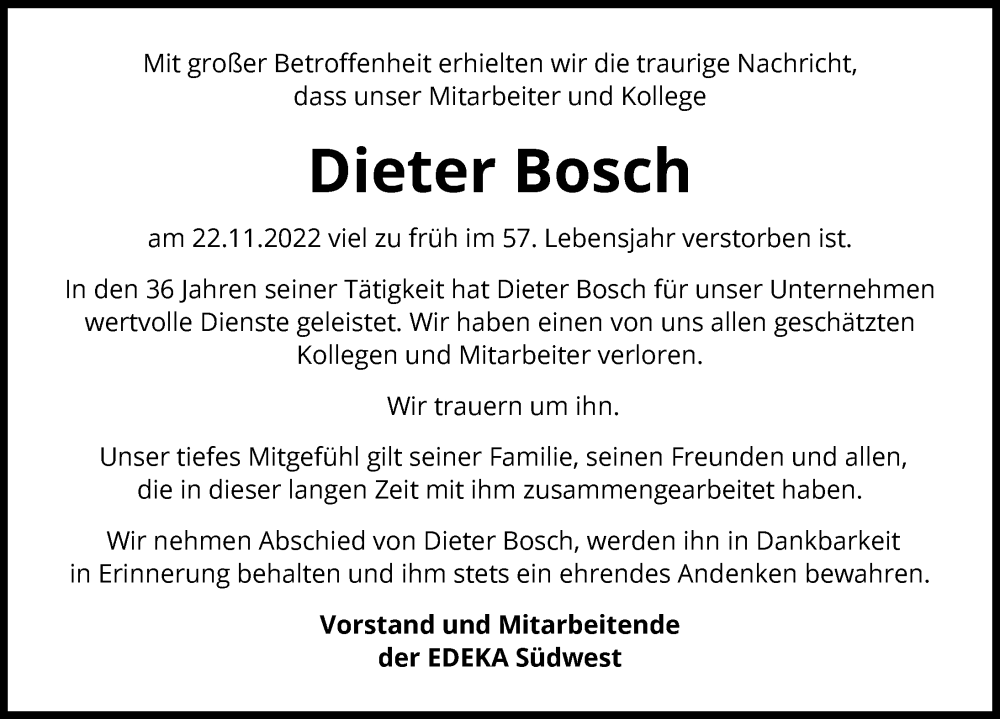  Traueranzeige für Dieter Bosch vom 01.12.2022 aus GESAMT