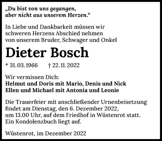 Traueranzeige von Dieter Bosch von GESAMT