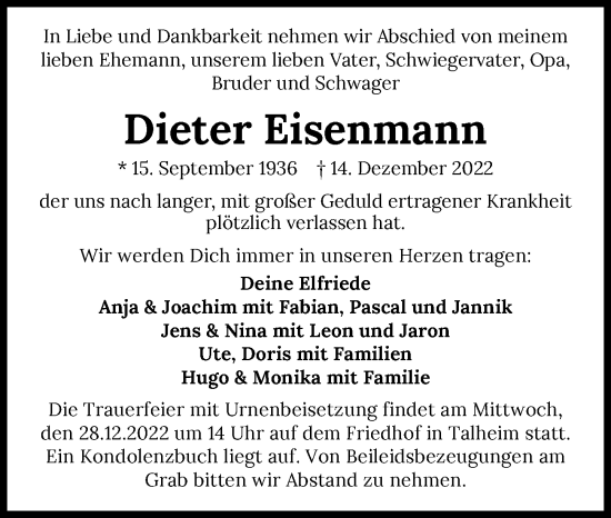 Traueranzeige von Dieter Eisenmann von GESAMT