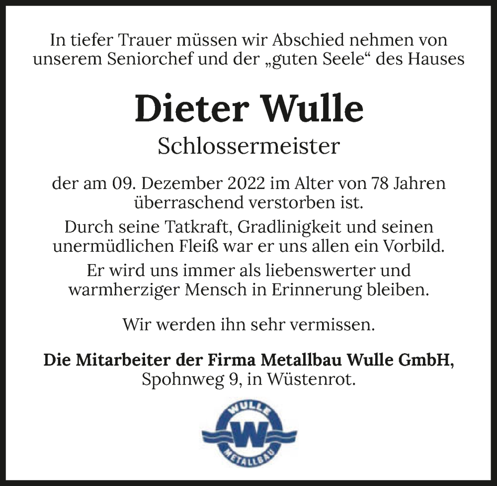  Traueranzeige für Dieter Wulle vom 15.12.2022 aus GESAMT