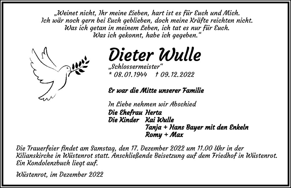  Traueranzeige für Dieter Wulle vom 15.12.2022 aus GESAMT