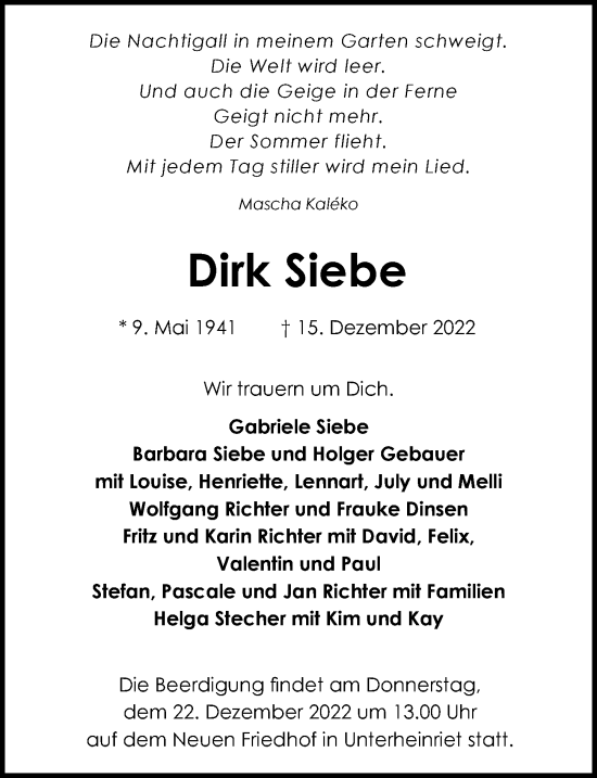 Traueranzeige von Dirk Siebe von GESAMT