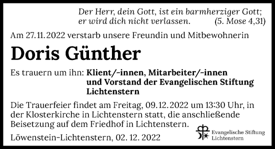 Traueranzeige von Doris Günther von GESAMT