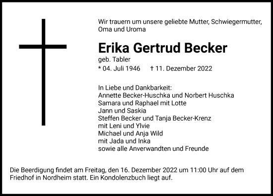 Traueranzeige von Erika Gertrud Becker von GESAMT