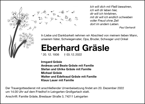 Traueranzeige von Eberhard Gräsle von GESAMT