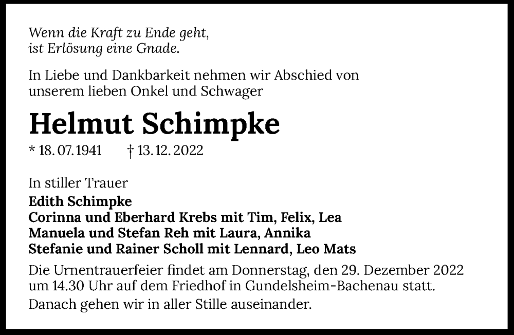  Traueranzeige für Helmut Schimpke vom 23.12.2022 aus GESAMT
