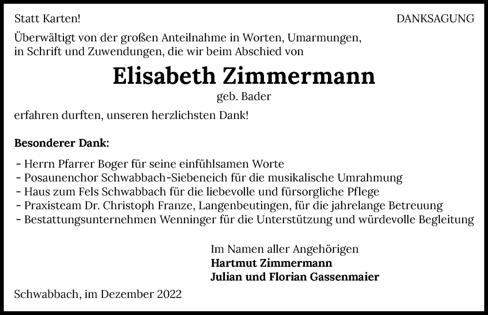  Traueranzeige für Elisabeth Zimmermann vom 10.12.2022 aus GESAMT