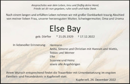 Traueranzeige von Else Bay von GESAMT