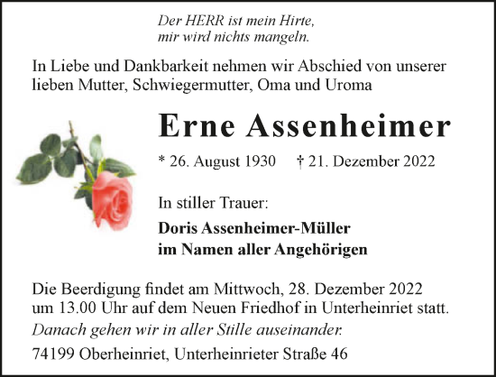 Traueranzeige von Erne Assenheimer von GESAMT