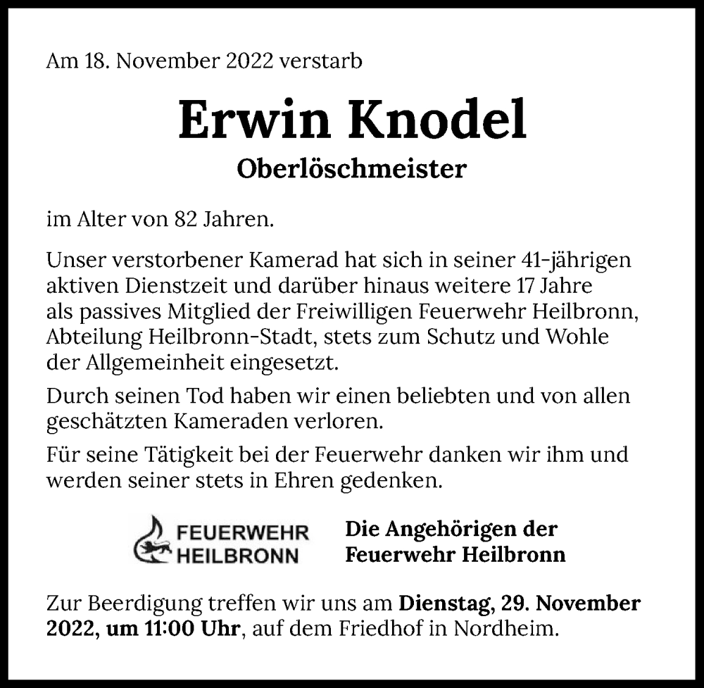  Traueranzeige für Erwin Knodel vom 24.11.2022 aus GESAMT