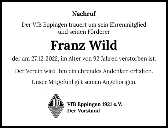 Traueranzeige von Franz Wild von GESAMT