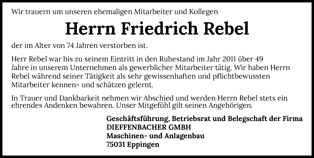  Traueranzeige für Friedrich Rebel vom 16.12.2022 aus GESAMT
