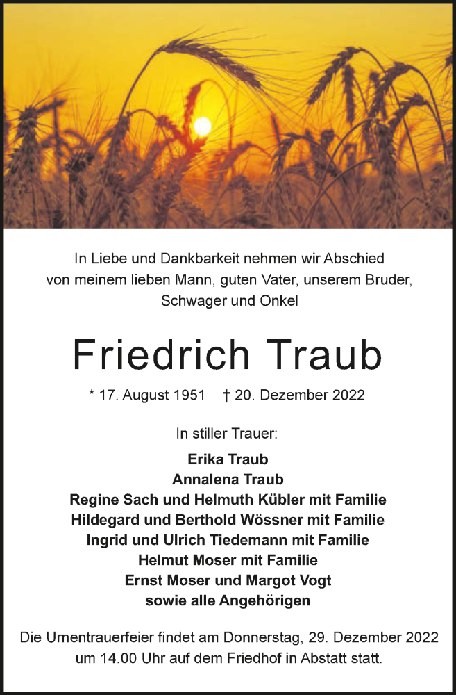  Traueranzeige für Friedrich Traub vom 24.12.2022 aus GESAMT
