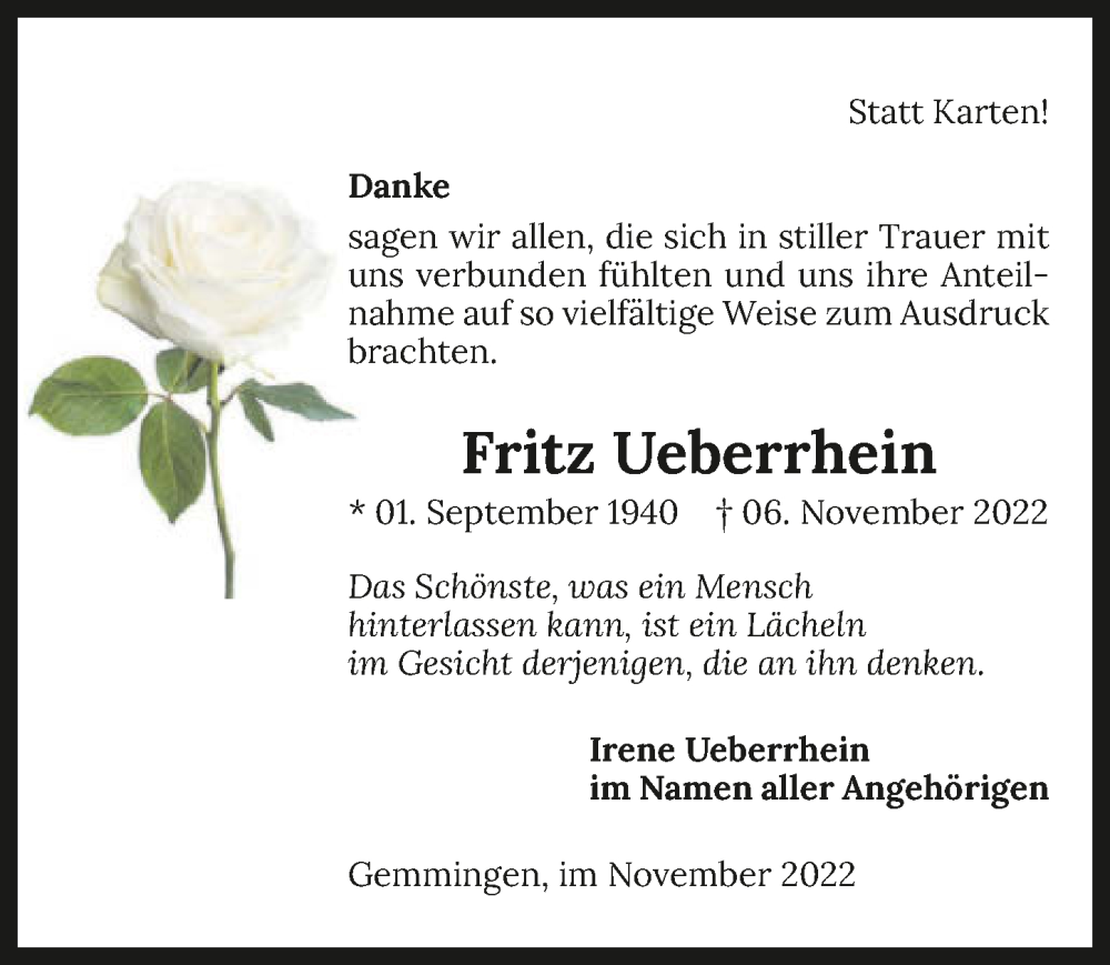  Traueranzeige für Fritz Ueberrhein vom 02.12.2022 aus GESAMT