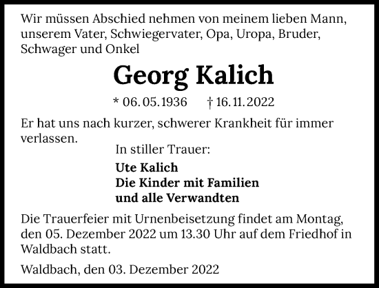 Traueranzeige von Georg Kalich von Heilbronner Stimme