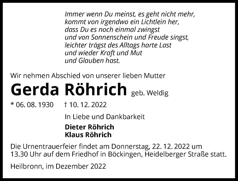  Traueranzeige für Gerda Röhrich vom 17.12.2022 aus GESAMT