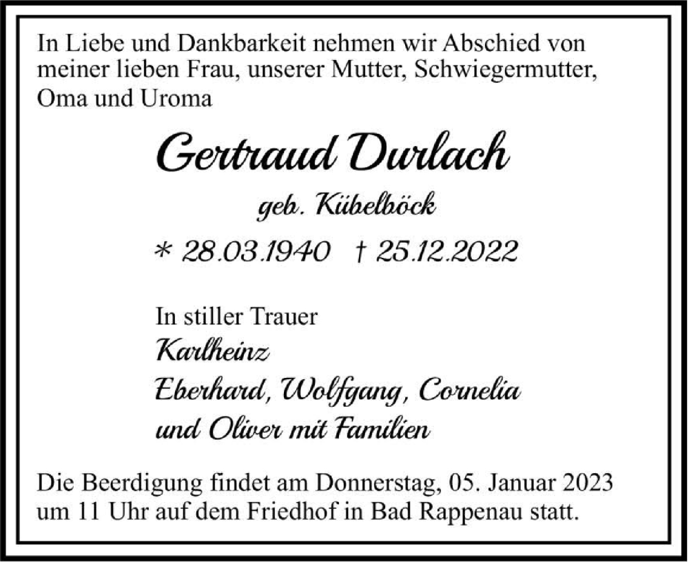  Traueranzeige für Gertraud Durlach vom 31.12.2022 aus GESAMT