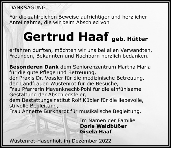 Traueranzeige von Gertrud Haaf von GESAMT
