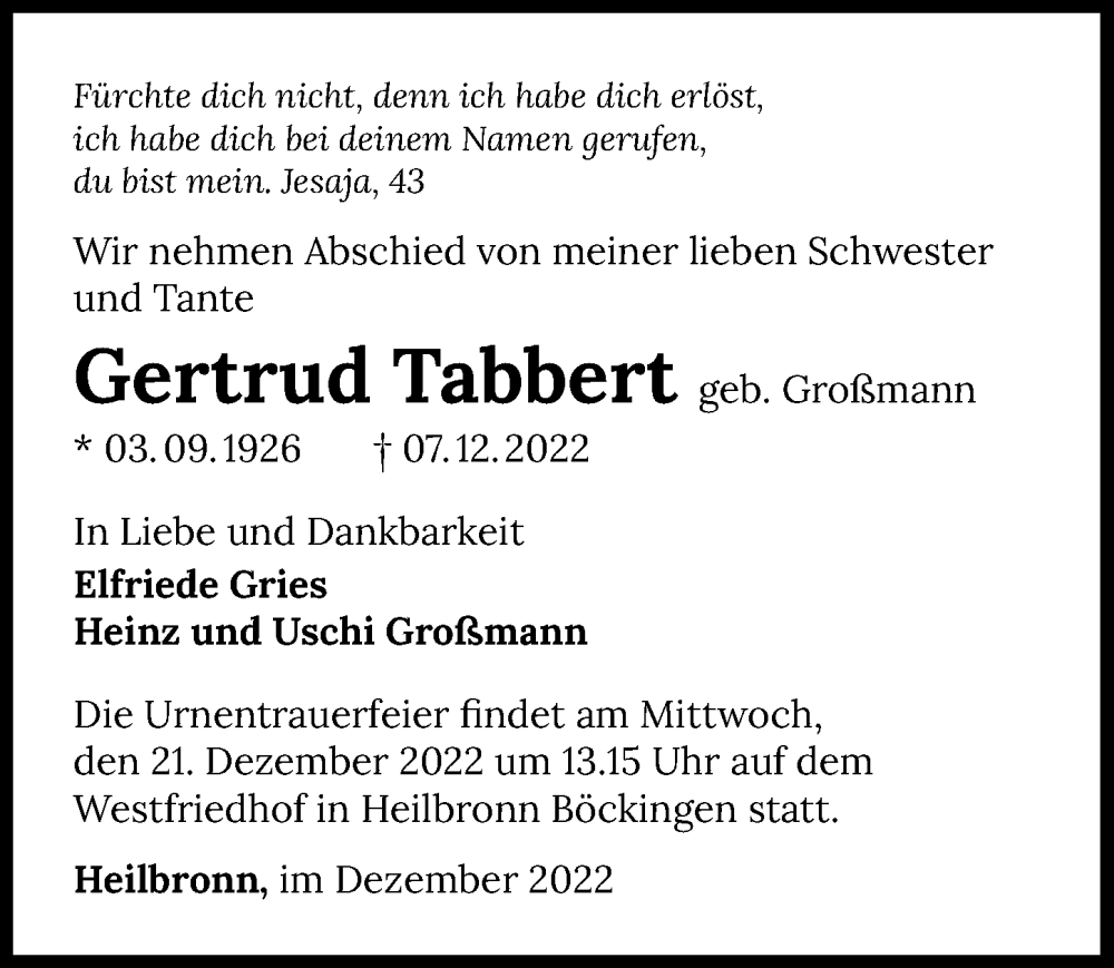  Traueranzeige für Gertrud Tabbert vom 17.12.2022 aus GESAMT