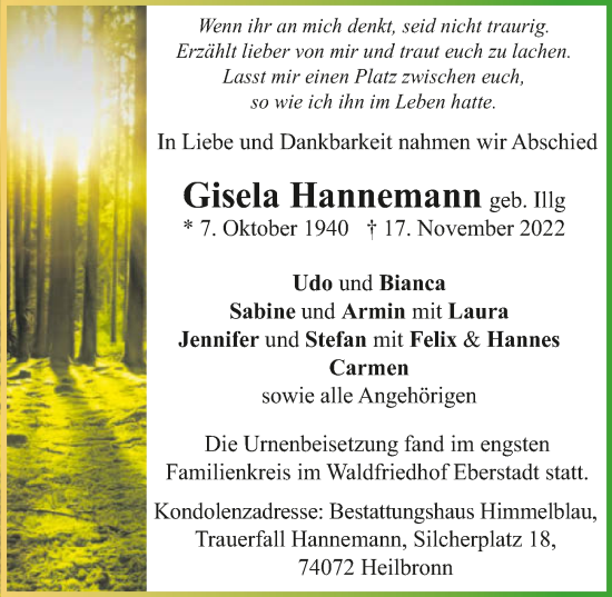 Traueranzeige von Gisela Hannemann von Heilbronner Stimme