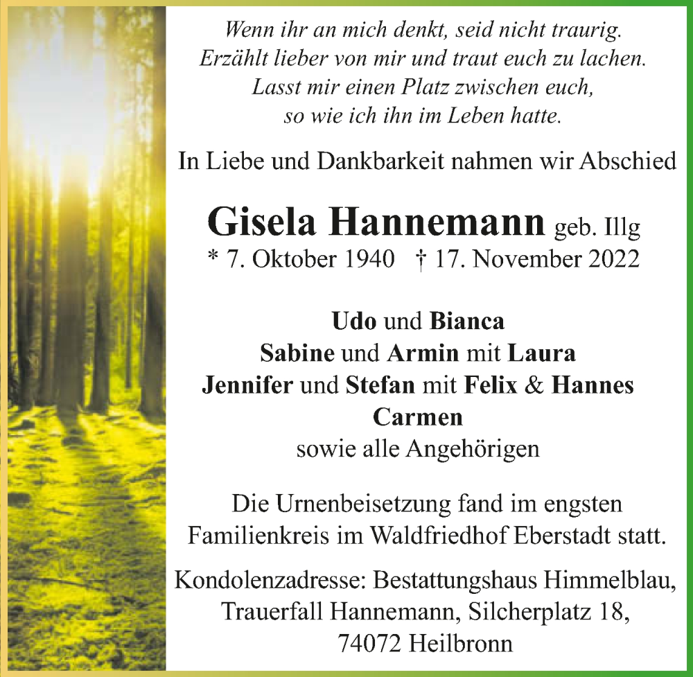  Traueranzeige für Gisela Hannemann vom 03.12.2022 aus Heilbronner Stimme