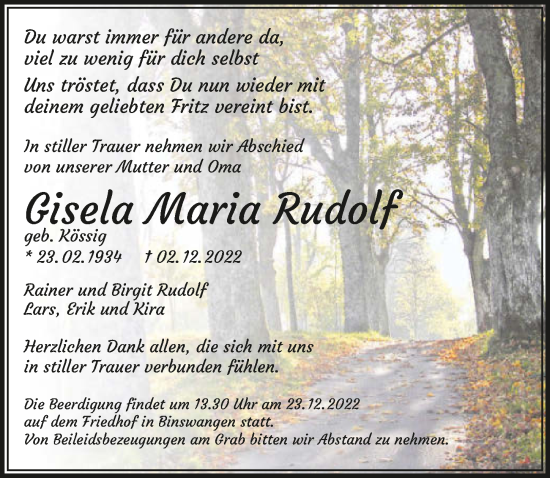 Traueranzeige von Gisela Maria Rudolf von GESAMT