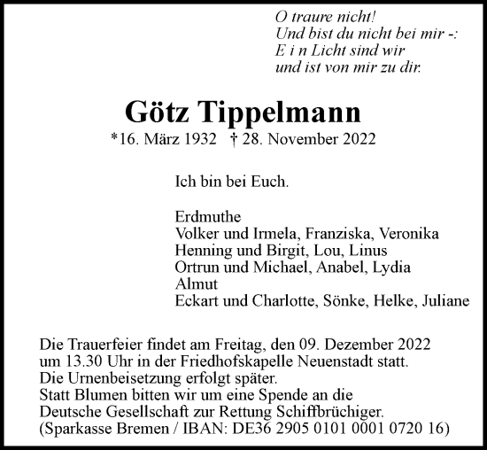 Traueranzeige von Götz Tippelmann von Heilbronner Stimme