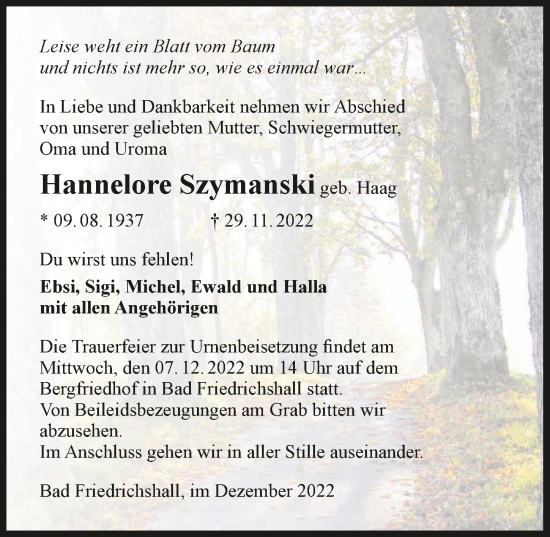 Traueranzeige von Hannelore Szymanski von Heilbronner Stimme