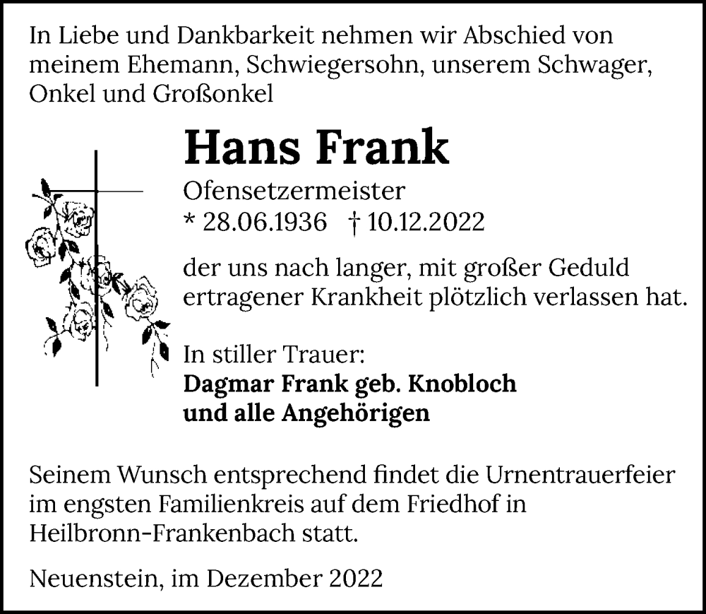  Traueranzeige für Hans Frank vom 17.12.2022 aus GESAMT
