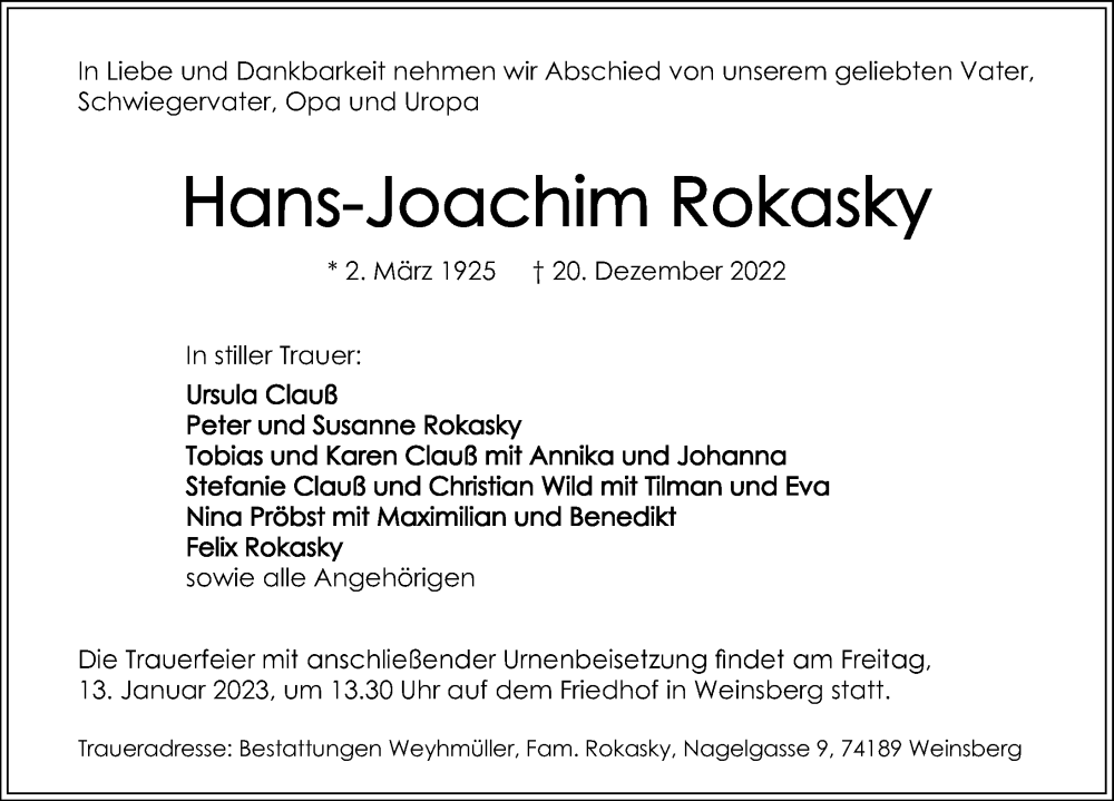  Traueranzeige für Hans-Joachim Rokasky vom 28.12.2022 aus GESAMT