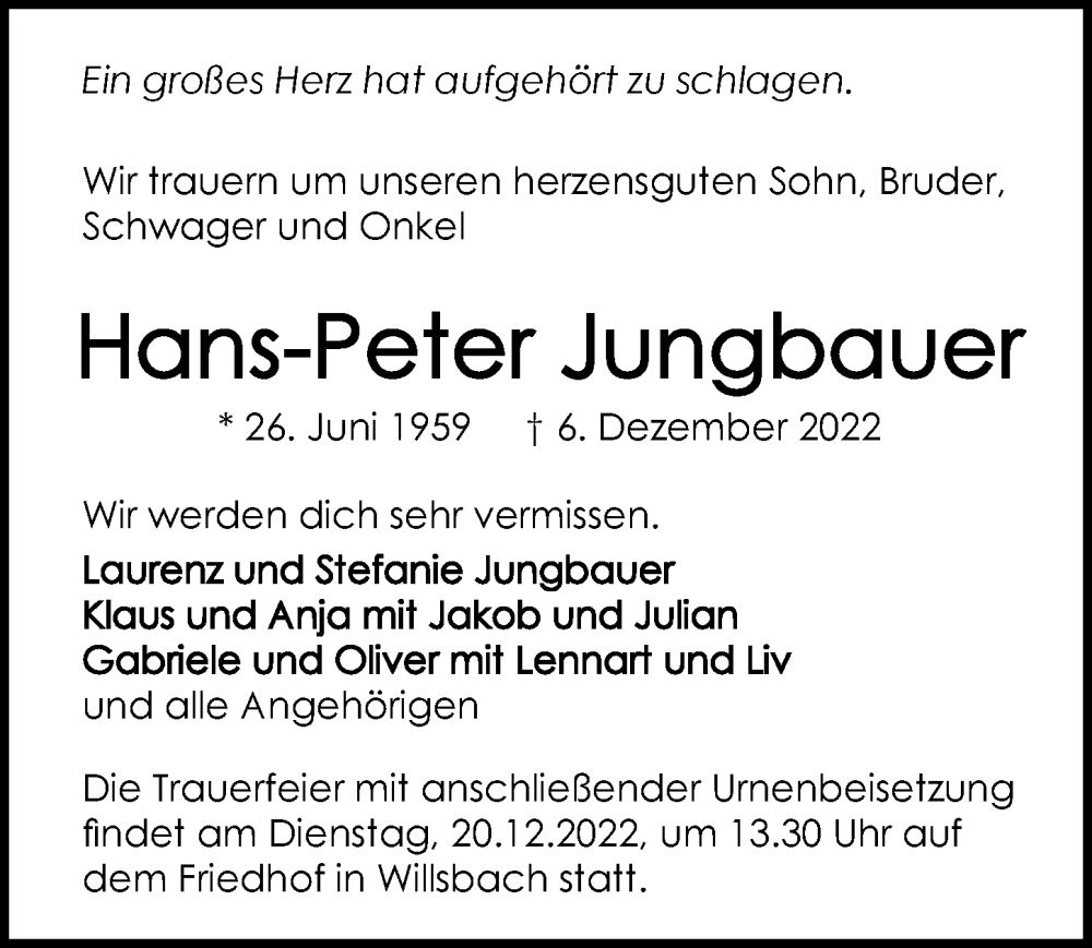  Traueranzeige für Hans-Peter Jungbauer vom 10.12.2022 aus GESAMT