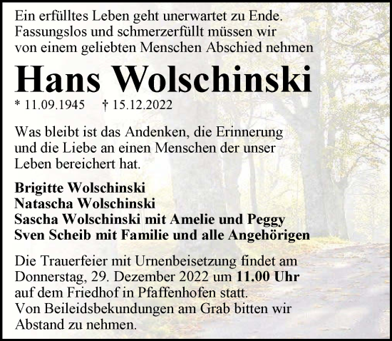 Traueranzeige von Hans Wolschinski von GESAMT